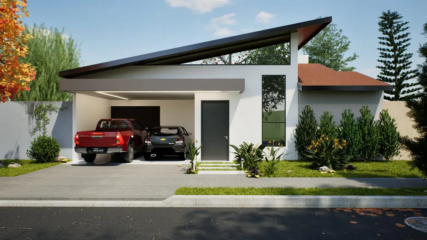 Render fachada frontal da residência no Condomínio Terraville