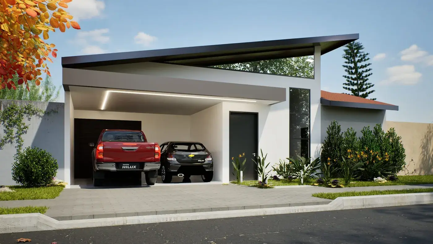 Render de fachada diurna da residência no Condomínio Terraville