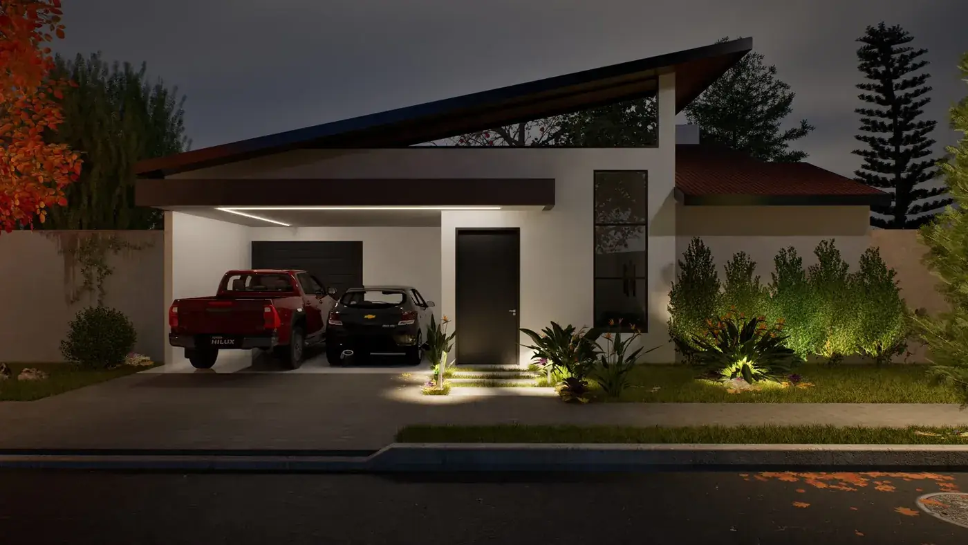 Render noturna da fachada da residência no Condomínio Terraville