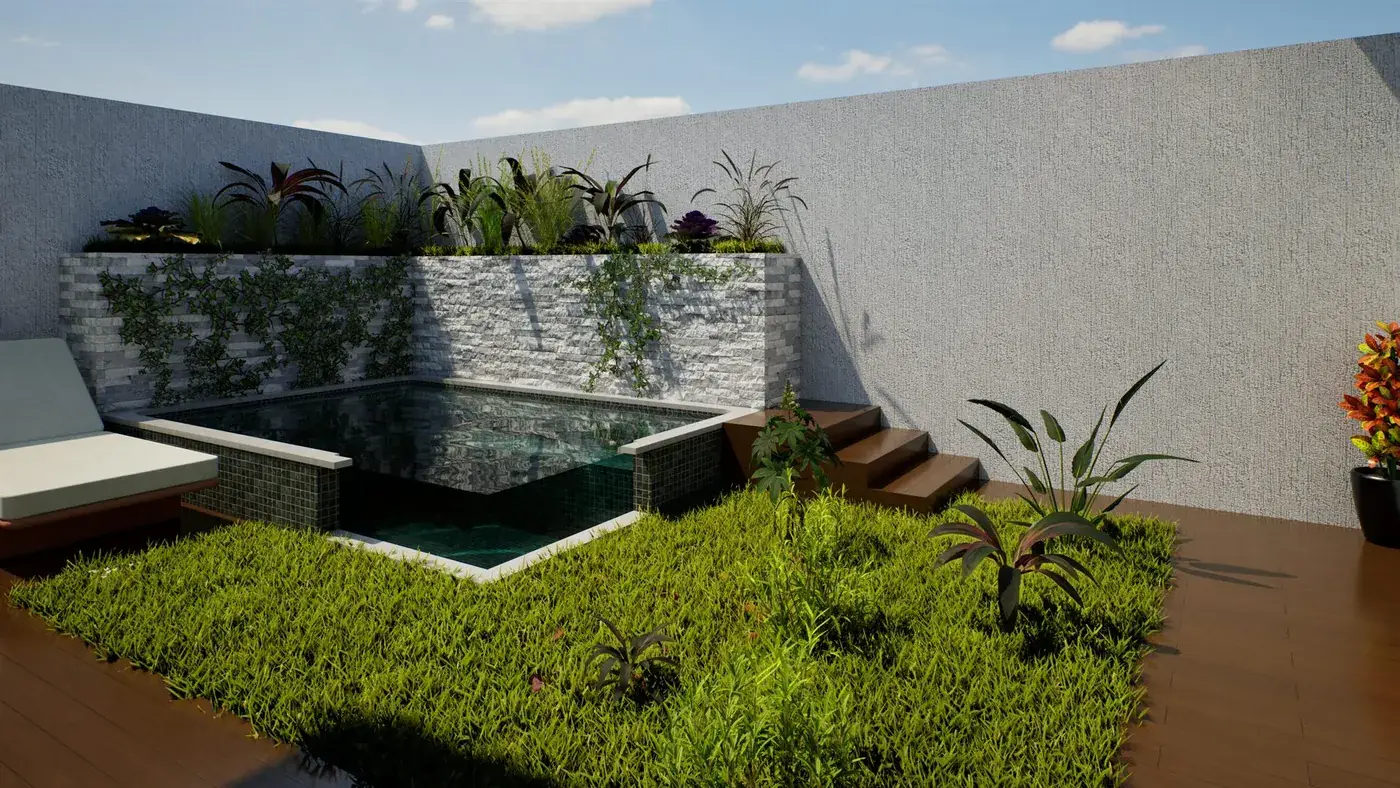 Render da área de piscina da residência no Condomínio Terraville