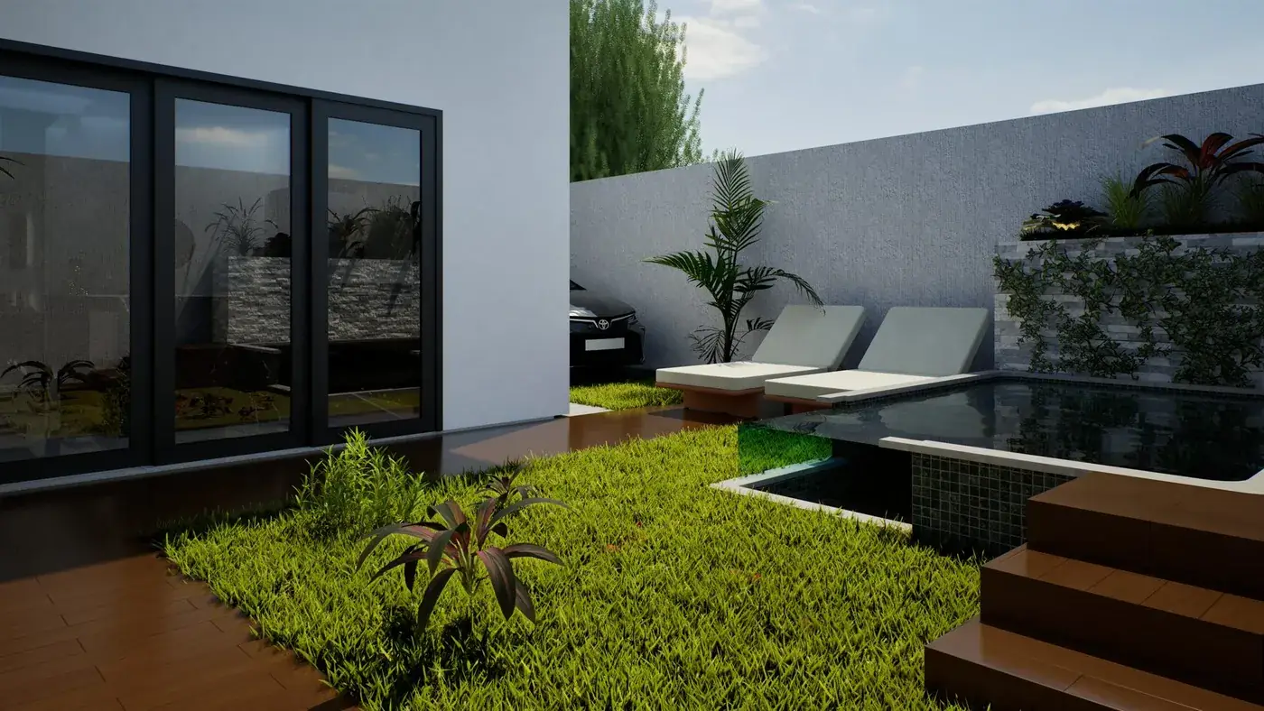 Render complementar da área de lazer com piscina no Condomínio Terraville